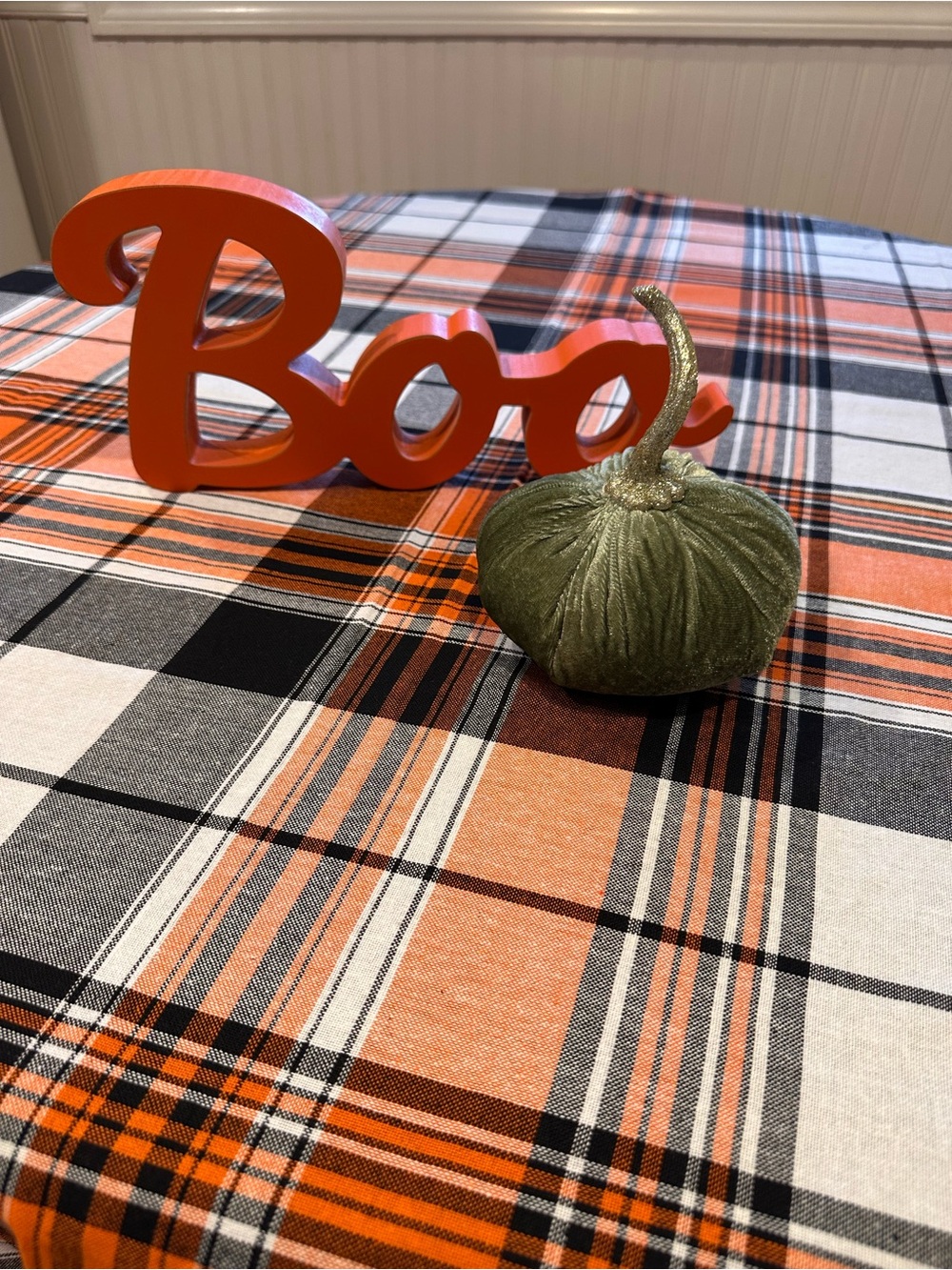 Rachel Zoe Orange Black Cream Plaid Halloween Tablecloth 70" x 106" New With Tag